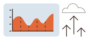 Yukarıya doğru giden oklar bulutu işaret ederken turuncu çizgi grafiği eğilimleri gösteriyor. Analiz, veri içgörüleri, bulut hesaplama, teknoloji, depolama, büyüme stratejisi için ideal, basit düz metafor