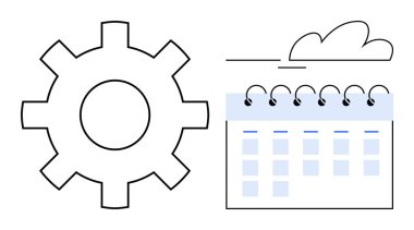 Bulutlara bağlı bir takvimin yanında çizelge çizelgesi, planı ve koordinasyonu var. İş akışı, yönetim, takım çalışması, süreç, teknoloji optimizasyonu verimliliği için ideal. Basit.