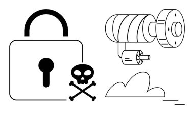 Asma kilit, kafatası çapraz kemikleri, kamera merceği güvenliği, tehlikeyi, gözetlemeyi ve mahremiyet endişelerini vurguluyor. Siber güvenlik, veri koruması, izlenebilirlik sistemi riskini izlemek için ideal