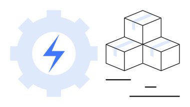 Yıldırımlı çark ve üç kutu enerji verimliliği, iş akışı, nakliye, tedarik zinciri, lojistik, otomasyon, yenilik ve teknolojiyi sembolize eder. Kavram çizimleri için ideal