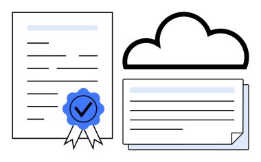Belge, dijital bulut ve dosya yığınının yanında sertifika rozeti de var. Bulut depolama, sertifika, belge güvenliği, dijital erişilebilirlik, çevrimiçi arşivleme, uzaktan çalışma, basit