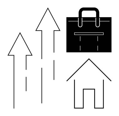 Yukarı bakan oklar, iş için bir çanta ve gayrimenkul için bir ev ile birlikte büyümeyi temsil ediyor. Başarı, ilerleme, iş, yatırım, gayrimenkul, strateji, basit daire