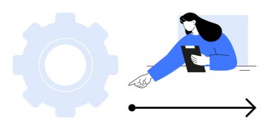 Dişli sembolü ve siyah yönlü okla önünü gösteren bir pano tutan kadın. Takım çalışması, iş akışı, yönetim, yenilik, liderlik, üretkenlik, basit iniş sayfası için ideal