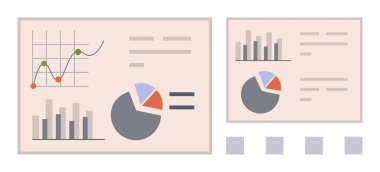 İş sezgileri veya akademik araştırmalar için slaytlar üzerine bar çizelgesi, çizgi grafiği ve pasta grafiği. Finans, analitik, pazarlama, ekonomi, eğitim ve proje stratejisi için ideal basit düz metafor