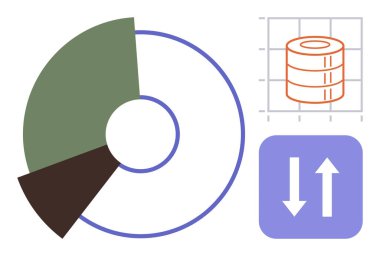 Bölümlü bölümler, veritabanı grafik simgesi ve veri analizini temsil eden senkronize oklarla turta grafiği ve takas. İş sunumu, analitik, veri yönetimi ve paylaşım için ideal