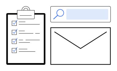 Kontrol listesi, arama çubuğu ve verimliliği temsil eden zarf, e-posta, iş akışı, arama, hedef ayarlama, mesajlaşma. Görev planlaması için ideal dijital araçlar e-posta kampanyaları