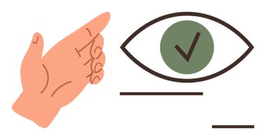 İçinde yeşil işaret olan bir göze doğru açık el hareketi. Temalar için ideal, anlaşma, berraklık, başarı, kabullenme, güvence, onaylama ve karar verme. Basit minimalist