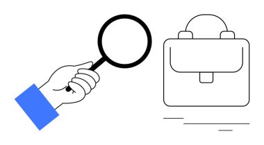 Çantanın yanında büyüteç bulunan el arama, analiz ve keşifleri gösteriyor. İş arama, iş fırsatları, işe alım, araştırma, soruşturma, adam toplama ve keşif konuları için ideal