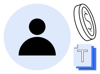 Mavi çemberdeki kullanıcı simgesi, dolar işareti olan madeni para ve kimlik, ekonomi ve bilgi sistemlerini sembolize eden metin belgeleri. Teknolojik çözümler, finans, giriş, hesap e-ticaret verileri için ideal