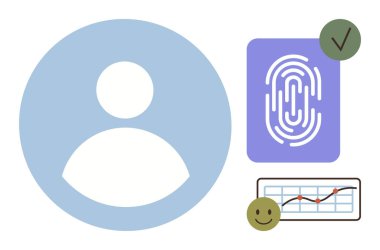 Büyük kullanıcı simgesi, onay işaretli parmak izi doğrulaması, gülen yüzlü grafik. Güvenlik, kişisel kimlik, veri analizi, onay süreci, biyometrik ve teknoloji için ideal