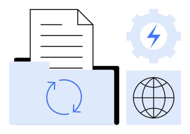 Belge ve senkronize oklarla klasörü aç, yıldırım ve küreyle donat. Veri yönetimi, bulut hesaplama, küresel paylaşım, verimlilik, takım çalışması, ağ sürdürülebilir