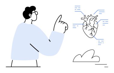 Bağlı veri hatlarını ve tıbbi bilgileri gösteren anatomik kalbi işaret eden adam, sağlık, bilim, eğitim, tıbbi uygulamalar, teknolojik çözümler, araştırma, anatomi, basit iniş için ideal