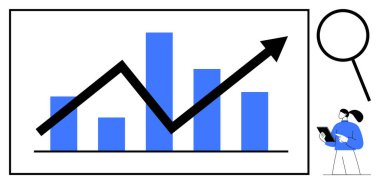 İlerlemeyi temsil eden yukarı doğru ok çizelgesi, analiz için büyüteç ve profesyonel değerlendirme verileri. İş dünyası, büyüme stratejisi, pazarlama, veri analizi, finans, araştırma için ideal