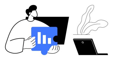 Diz üstü bilgisayar ve dekoratif bitkinin yanında dikey çubuk grafiği olan mavi yapboz parçası tutan kişi. Takım çalışması, analitik, problem çözme, üretkenlik, strateji, planlama, işbirliği için ideal