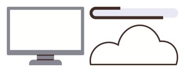 Bilgisayar ekranı, ilerleme çubuğu ve bulut ögesi dijital depolamayı, yüklemeyi, bulut hesaplamasını, dosya senkronizasyonunu, teknolojiyi, uzaktan çalışmayı ve internet hizmetlerini sembolize eder. Basit düz metafor