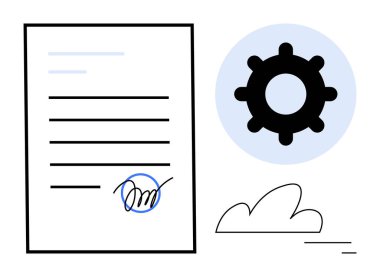 İmzalı belge, iş akışı otomasyonunu temsil eden ekipman ve soyut bulut elementi. Ticari faaliyetler, süreç yönetimi, yasal anlaşmalar, otomasyon, üretkenlik, modern