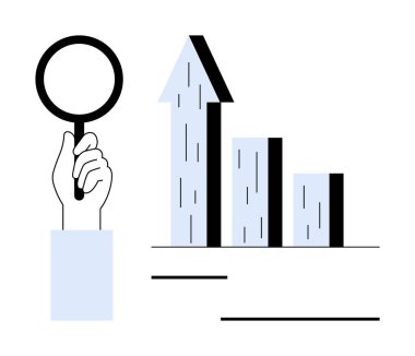 Bir bar çizelgesinin yanında yukarı doğru oklu bir büyüteçle el ele tutuşmak. İş analizleri, mali ilerleme, pazar eğilimleri, veri incelemesi, istatistik, araştırma, basit iniş sayfası için ideal