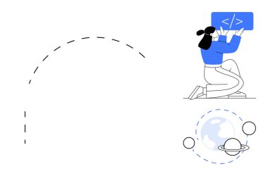 Geliştirici diz çökmüş kod paneli, eğri kıvrımlı yol, Dünya 'nın yörüngesindeki gezegen. Programlama, teknoloji, web tasarımı, kodlama, uzay keşfi için ideal, basit iniş sayfası