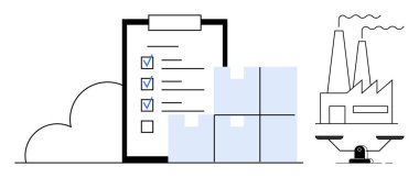 İşaretli eşyalar, istiflenmiş kutular, duman yığınlı fabrika ve denge ölçeği ile kontrol listesi. Tedarik zinciri, envanter, kalite kontrolü, üretim, lojistik denge ve verimlilik kavramları için ideal