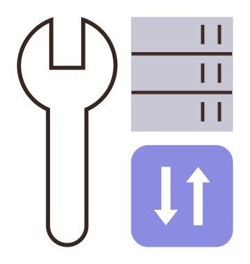 Anahtar simgesi, sunucu yığını ve çift yönlü oklar sistem bakımını, sunucu yönetimini ve veri alışverişini temsil ediyor. IT servisi, onarım, bulut depolama, teknoloji optimizasyon sistemi için ideal