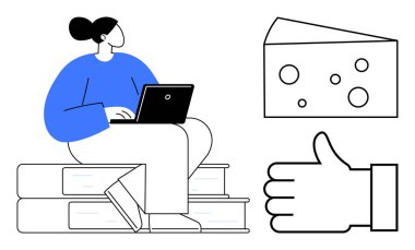 Dizüstü bilgisayarda dizilmiş kitapların üzerinde oturan kişi. Yakınlarda, bir dilim peynir ve iyi niyet göstergesi. Eğitim, iş hayatı dengesi, refah, üretkenlik, gıda, teknoloji için idealdir.