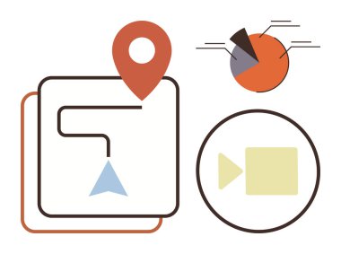 Haritadaki yön bulucu, segmentli pasta grafiği ve video kamera sembolü, analitik, medya ve konumu temsil ediyor. Navigasyon, analitik, pazarlama video üretim teknolojisi için ideal