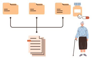 Belgeler, ilaç şişeleri, haplar ve bastonlu yaşlı figürleriyle bağlantılı dosyalar. Sağlık hizmetleri, veri örgütü, yaşlı bakımı, reçete yönetimi, dijital kayıt tıbbi iş akışı için ideal