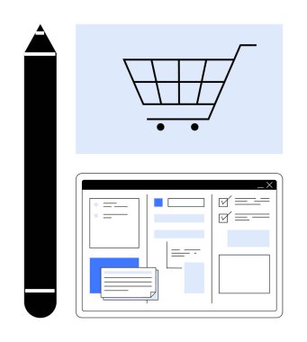 Alışveriş arabası taslağı, tablet arayüz tasarımı, yaratıcılığı simgeleyen kalem. E-ticaret, UI tasarımı, çevrimiçi alışveriş, planlama, dijital araçlar, yaratıcılık düz metaforu için ideal