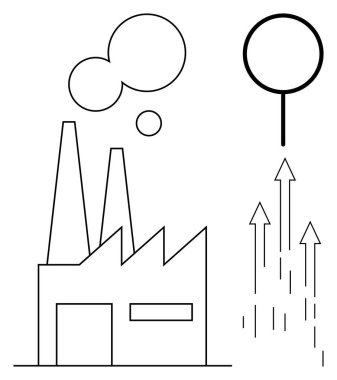 Yanı sıra yükselen oklar ve dairesel elementler yayan bacaları olan bir fabrika. Endüstri, kirlilik, büyüme, sürdürülebilirlik, yenilik, gelişme ve çevre için ideal. Basit düz metafor