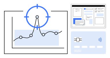 Hedef odaklı çizgi grafiği, çevrimiçi etkileşim için web düzeni ve NFC ile dijital kart. Veri analizi, finans teknolojisi, e-ticaret, performans takibi, teknoloji, iş stratejisi için ideal