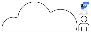 Bulut anahatları bulut hesaplamasını, kullanıcı figürünü ve dizüstü bilgisayardaki geliştirici kodlamasını simgeliyor. Teknoloji, bulut hizmetleri, programlama, yenilik, işbirliği, veri depolama için ideal basit