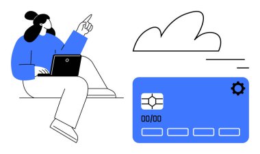 Dizüstü bilgisayardaki kadın bir bulutu işaret ediyor. Yanında da çip ve vites simgesi olan büyük bir ödeme kartı var. Fintech, çevrimiçi hizmetler, yenilik, bulut hesaplama, e-ticaret, modern iş için ideal