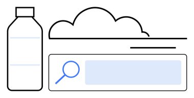 Şişe, büyüteç, bulut ve arama çubuğu. Çevre, geri dönüşüm, teknolojik araştırma sürdürülebilirlik yeniliği için ideal basit iniş sayfası. Çizgi benzetmesi. Basit satır simgeleri