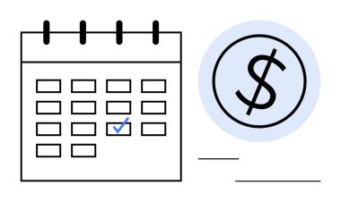 Bir doların yanında işaretli bir tarih olan takvim ödeme tarihleri, bütçe ve teslim tarihlerini vurguluyor. Finansal organizasyon, zaman yönetimi, atamalar, planlama, hatırlatıcılar, tasarruflar için ideal