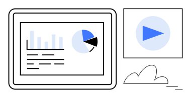 Tablet ekranı çubuk grafik, pasta grafiği ve metin satırlarını medya oynatma düğmesi ve bulutun yanında gösteriyor. Veri analizi, dijital pazarlama, medya, e-öğrenme, sunumlar, bulut hesaplaması için ideal