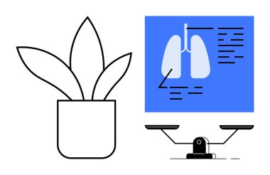 Doğayı sembolize eden saksı bitkisi, sağlık analizi için akciğerler, ve tercihler için ölçek dengeleme. Sağlık, sağlık, çevre, denge, tıbbi araştırma, karar verme mekanizması için ideal
