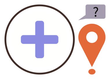 Dairesel tıbbi haç, ünlem ve soru baloncuklu turuncu harita iğnesi, konumu, sağlığı, sorguyu temsil ediyor. Sağlık, acil durum, navigasyon, sorun çözme yönünü desteklemek için ideal