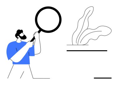 Soyut bitki sanatının yakınındaki bir büyüteçle ayrıntıları inceleyen kişi. Araştırma, analiz, keşif, öğrenme, keşif, farkındalık ve gözlem kavramları için idealdir. Basit düz