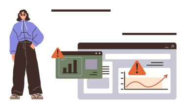 Hata uyarılarıyla geliştirilmiş grafik ve bar tablosu ile web analiz arayüzlerinin yanında duran kişi. Analiz, uyarı, alarm sistemi, veri sorunları, problem çözme, raporlama için ideal