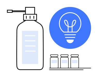 Etiketli bir şişe, fikirler ve yenilikler için mavi daireli bir ampul, aşağıda üç küçük kavanoz. Sağlık, hijyen, yenilik, yaratıcılık, ürün tasarımı için ideal basit sürdürülebilirlik