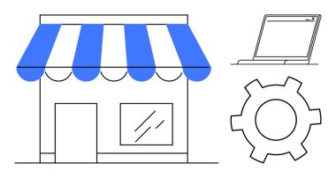 Çizgili tente, dizüstü bilgisayar ve perakende, teknoloji ve süreci temsil eden vites simgesiyle küçük bir mağaza cephesi. E-ticaret, otomasyon, perakende yönetim, başlangıç çevrimiçi dijital araçlar için ideal