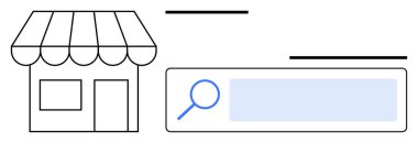 Arama çubuğunun yanında elinde büyüteç olan bir dükkan simgesi. İş arama, çevrimiçi alışveriş, dijital pazarlama, yerel hizmetler, e-ticaret, küçük işletme, basit iniş sayfası için ideal