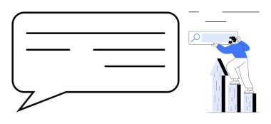 Geniş bir konuşma balonunun yanındaki arama çubuğunun üzerinden büyüteçle tırmanan kişi. İletişim, araştırma, araştırma, merak, keşif, problem çözme için ideal
