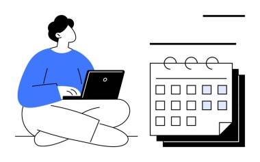 Dizüstü bilgisayarla bacak bacak bacak üstüne atarak oturan kişi, altı çizili tarihli bir takvime bakıyor. Zaman yönetimi, programlama, verimlilik, organizasyon, planlama için ideal. Basit düz