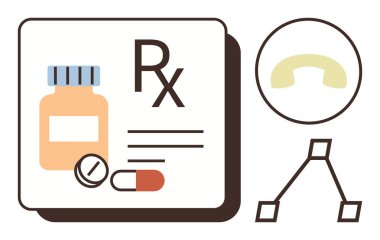 Telefon sembolü ve iletişim hatlarının yanında ilaç şişesi, kapsül ve Rx reçetesi. Sağlık, eczane, tele sağlık, ilaç teslimatı, ilaç, danışmanlık için idealdir.