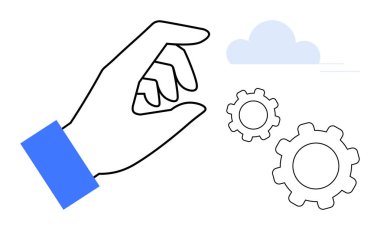 Arka planda bulut olan el yapımı vitesler yeniliği, işlem optimizasyonunu ve bulut hesaplamasını sembolize ediyor. Takım çalışması, otomasyon, teknoloji, analiz, planlama, strateji için ideal