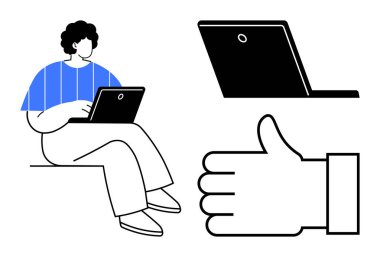 Dizüstü bilgisayar, minimalist dizüstü bilgisayar ve onay sembolü kullanarak oturan kişi. Üretkenlik, uzaktan çalışma, onay, katılım, içerik oluşturma, işbirliği için ideal basit bir iniş sayfası