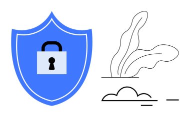 Kilitli mavi kalkan güvenliği, korumayı ve korumayı simgeliyor. Soyut bitkiler ve minimalist tasarım denge ekler. Gizlilik için ideal, veri güvenliği, dijital güvenlik, güvenilirlik, güven