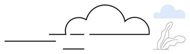 Siyah, paralel ufuk çizgileri, ince mavi bir bulut ve soyut bitki siluetleriyle özetlenmiş büyük bir bulutun yer aldığı minimalist kompozisyon. Doğa için ideal, sakin, basit, temiz tasarım