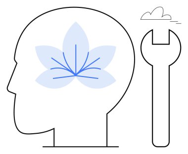 Akıl sağlığını gösteren çiçek desenli bir insan kafası. Düzelmeyi, problem çözmeyi ve büyümeyi sembolize eden ingiliz anahtarının yanında. Akıl sağlığı, farkındalık, denge ve terapi için ideal